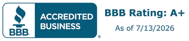 BBB Accredited Business badge with “BBB Rating: A+” and “As of 7/13/2026” text on a blue-and-white banner