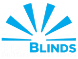 Blue sunburst logo above the word &ldquo;BLINDS&rdquo; in blue text