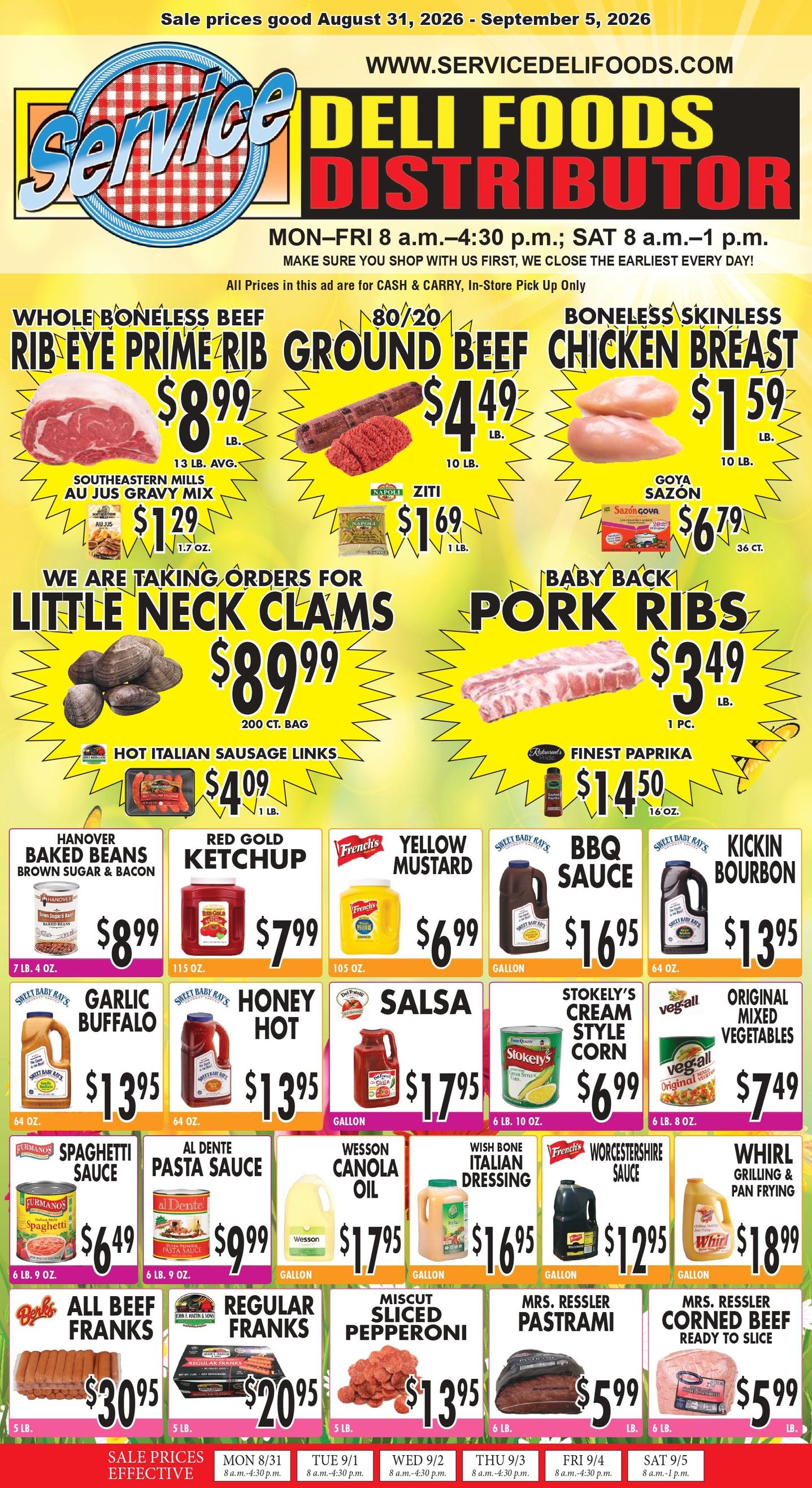 A Deli Foods Distributor flyer advertising discounts on meat, cheese, and grocery items on a yellow background.