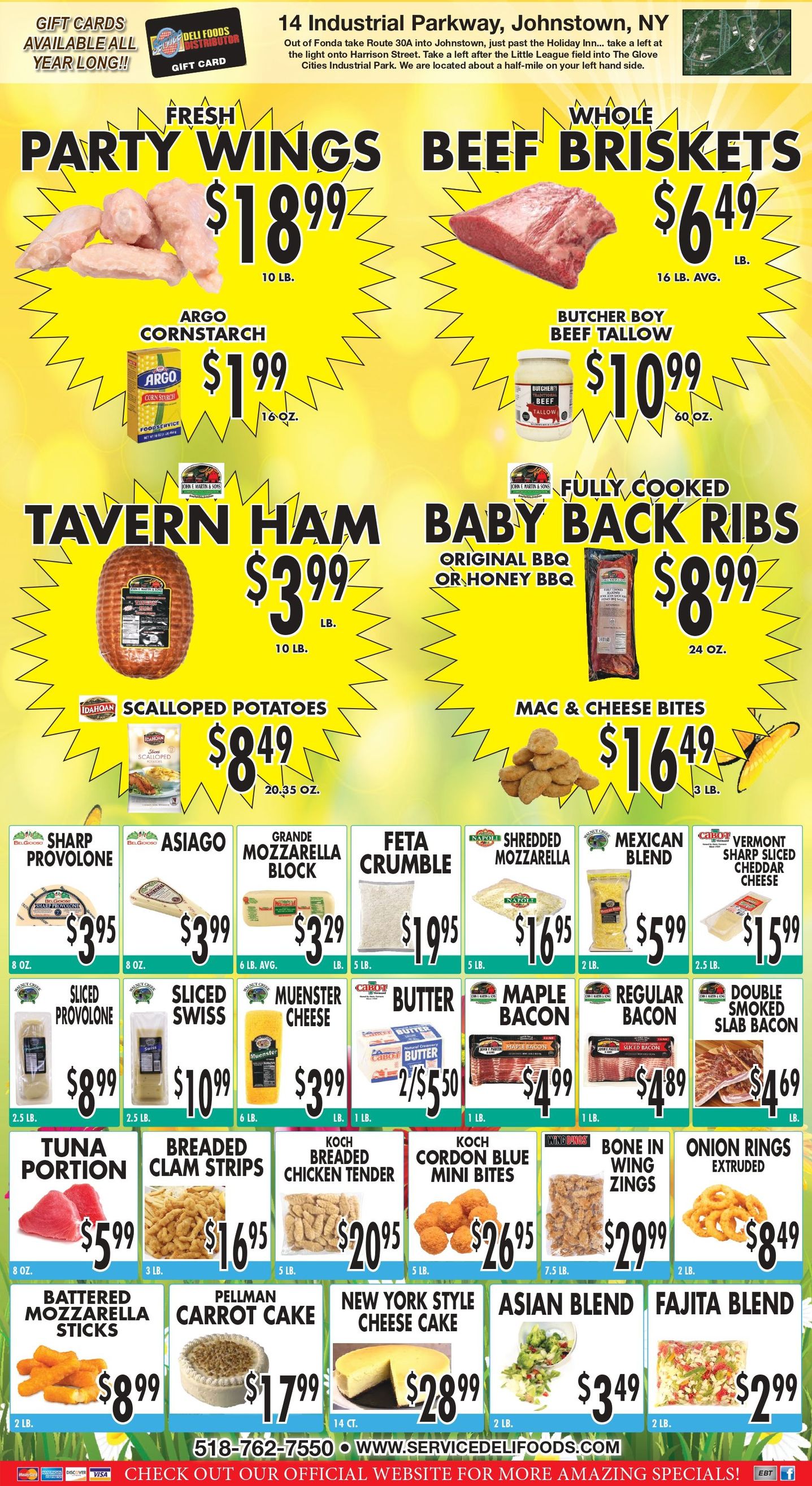 A grocery store flyer advertising various food items like wings, ground beef, eggs, and pantry staples with prices.