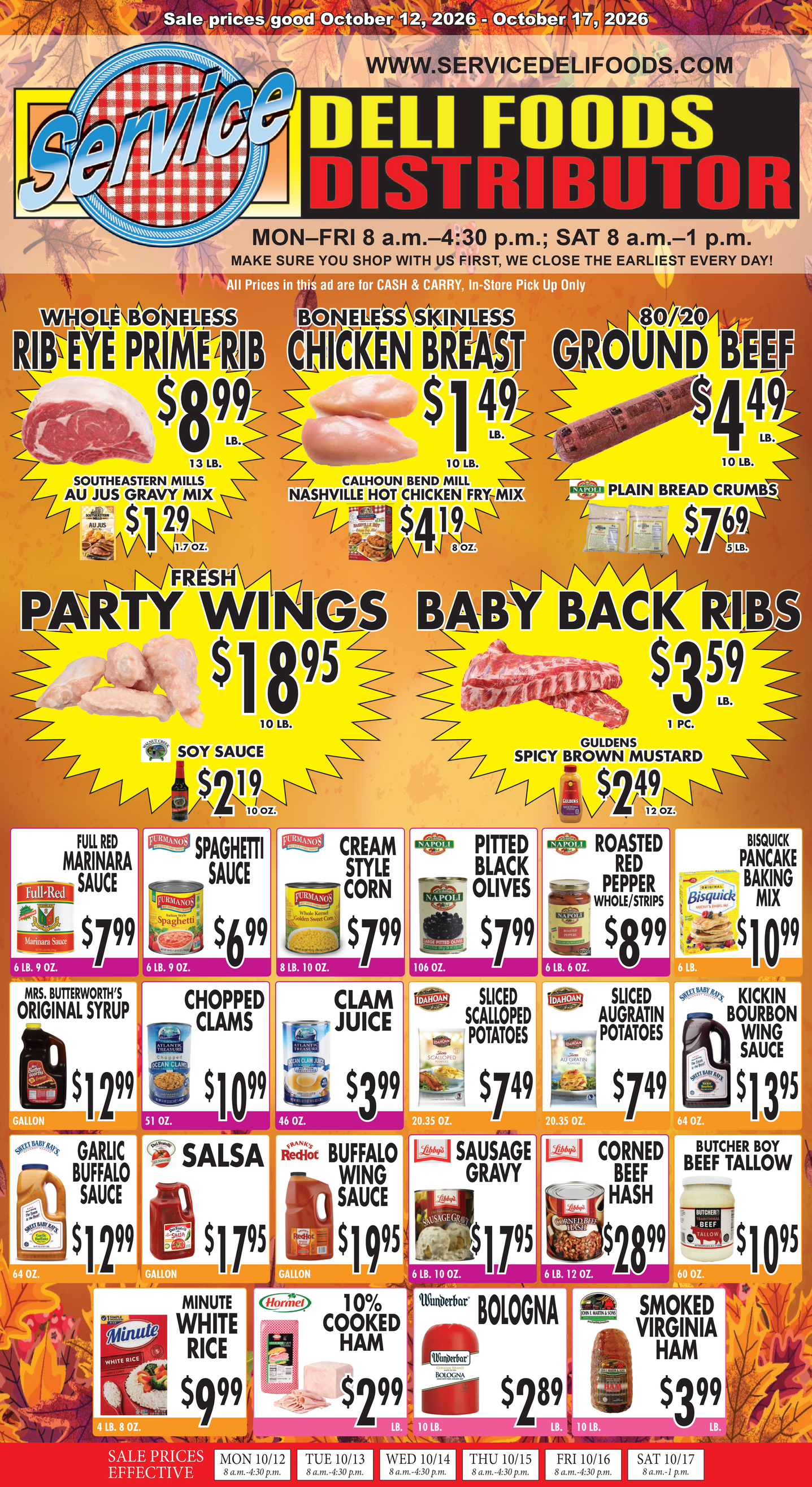 A Deli Foods Distributor flyer advertising discounts on meat, cheese, and grocery items on a yellow background. A Deli Foods Distributor flyer advertising discounts on meat, cheese, and grocery items on a yellow background.
