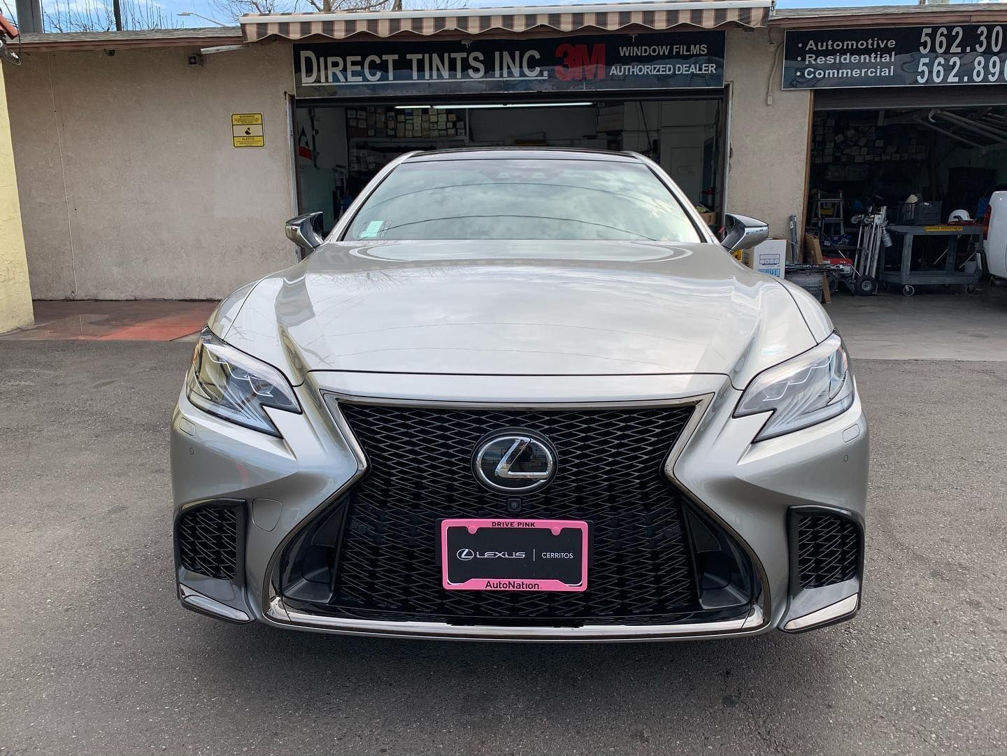 Silver Lexus sedan parked in front of a storefront, with a black mesh grille and a pink license plate.