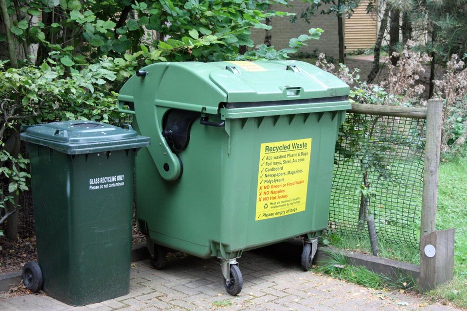 two garbage dumpsters outside