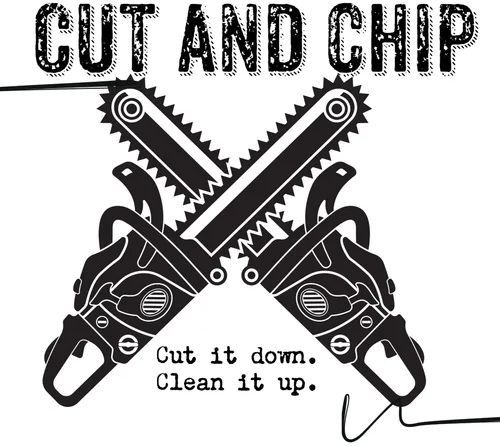 Cut and Chip logo: Crossed chainsaws, black and white, with the text 