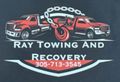 Logo for Ray Towing and Recovery featuring two red tow trucks, a chain, a hook, and the phone number 305-713-3545.