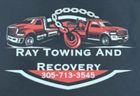 Logo for Ray Towing and Recovery featuring two red tow trucks, a chain, a hook, and the phone number 305-713-3545.