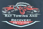 Logo for Ray Towing and Recovery featuring two red tow trucks, a chain, a hook, and the phone number 305-713-3545.