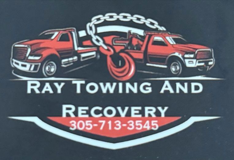 Logo for Ray Towing and Recovery featuring two red tow trucks, a chain, a hook, and the phone number 305-713-3545.