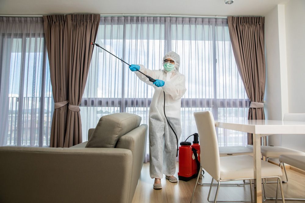 A Man in a Protective Suit is Spraying a Living Room With a Sprayer — Cleaning for Good in Lennox Head, NSW
