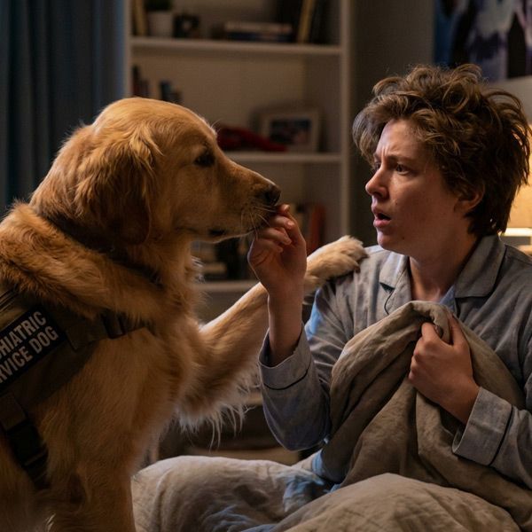 A person in pajamas sits on a bed, looking distressed, as a golden retriever with a