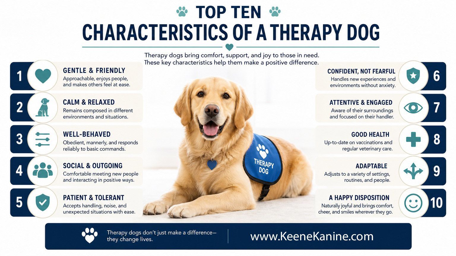 Click to Enlarge Infographic of a smiling golden therapy dog in a blue vest titled “Top 10 Characteristics of a Therapy Dog”