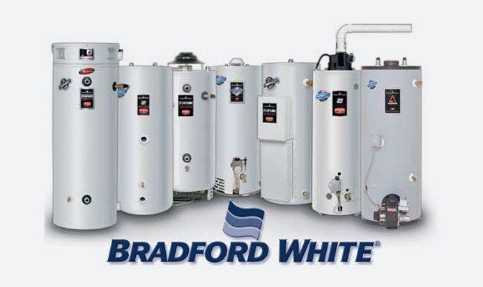 Bradford White water heater lineup in white and silver tanks with logo