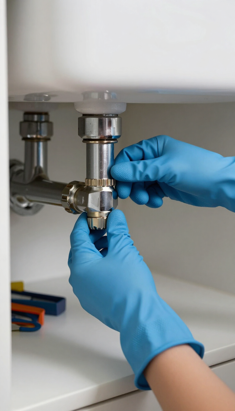 Blue-gloved hands adjusting a metal pipe valve under a sink