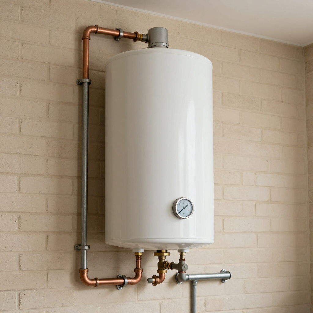 Wall-mounted white water heater with copper pipes and a pressure gauge in a beige utility room