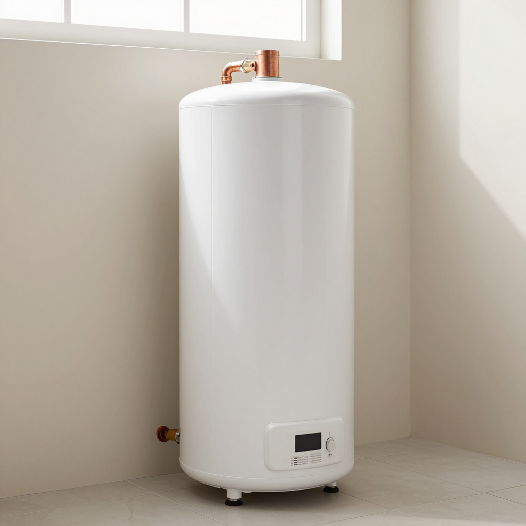 White cylindrical water heater in a bright bathroom corner with visible copper piping and a small control panel.