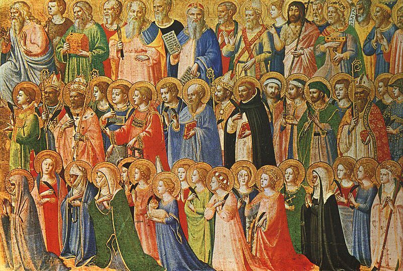 A painting of a group of people standing next to each other.