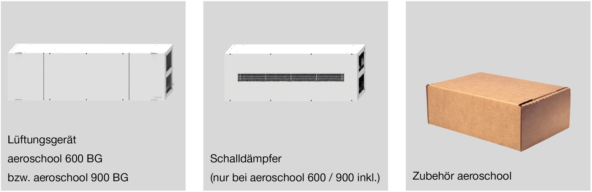 Drei Bilder von Kartons vor grauem Hintergrund. Einer zeigt ein weißes elektronisches Gerät, einer ist ebenfalls weiß und einer besteht aus braunem Karton.