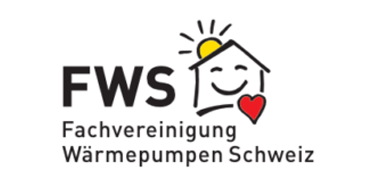 Logo of FWS Fachvereinigung Wärmepumpen Schweiz: Black letters and a smiling house with heart and sun, in white background.