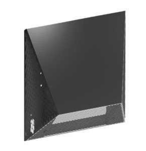Schwarzes, geometrisches Computergehäuse mit Mesh-Front und geschlossener Oberfläche.