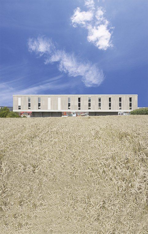 Ein langes, rechteckiges Gebäude mit Fenstern steht auf einem Weizenfeld unter einem blauen Himmel mit Wolken.