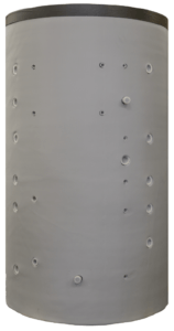 Grauer, zylindrischer Wassertank mit zahlreichen kleinen Öffnungen und schwarzem Deckel.