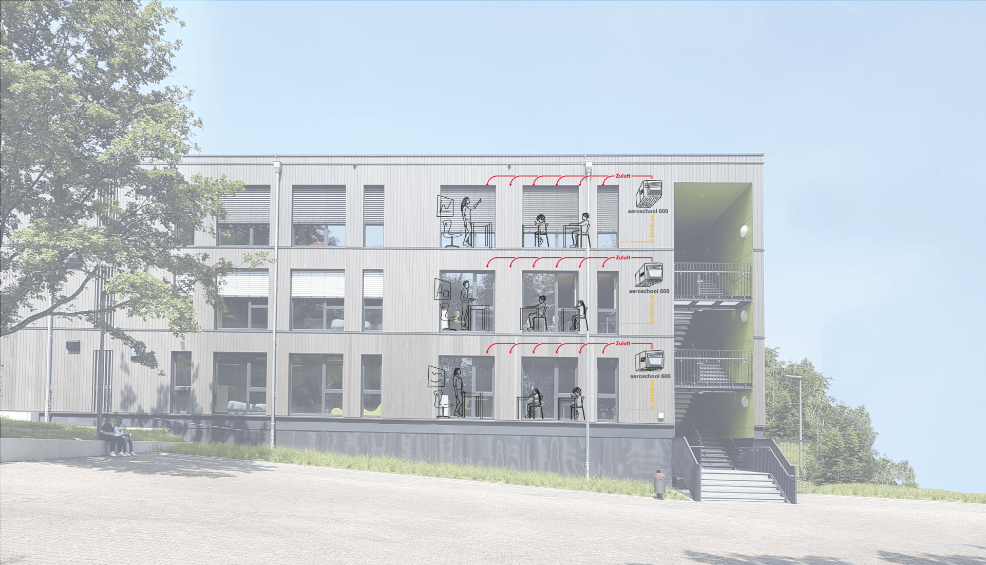 Mehrstöckiges Gebäude mit Personen in einigen Fenstern. Außentreppe und grüne Fassadenverkleidung.