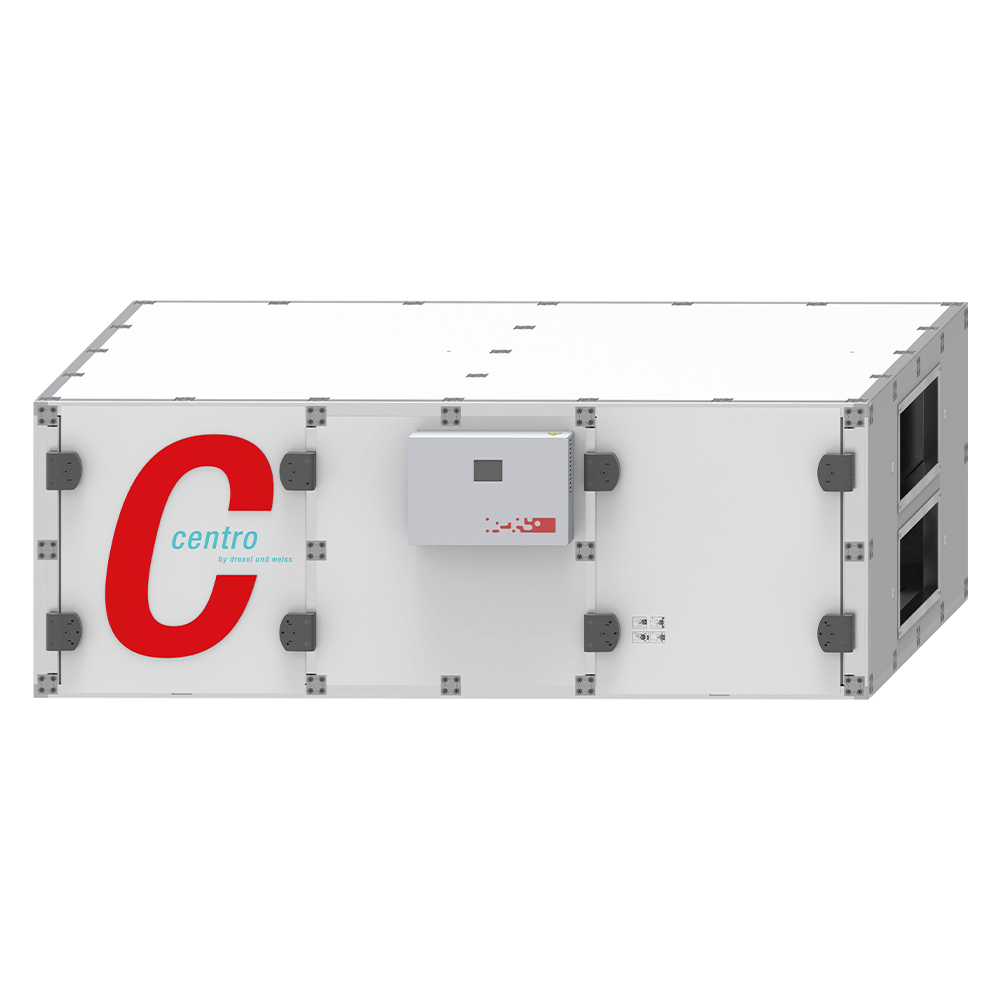 Weißes, rechteckiges Klimagerät mit rotem „C“-Logo und Bedienfeld.