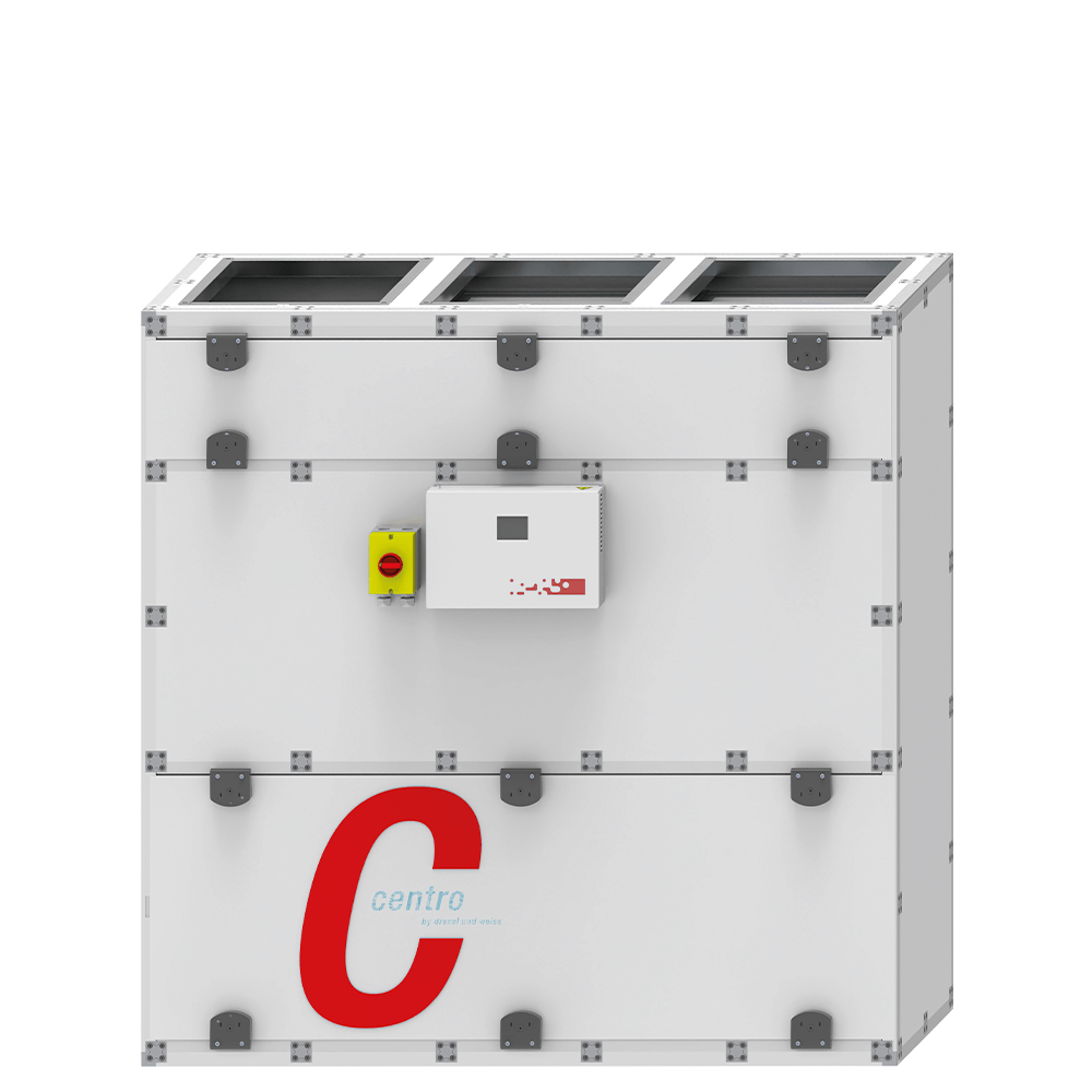 Weißes, rechteckiges Klimagerät mit rotem „C“-Logo und Bedienfeld.