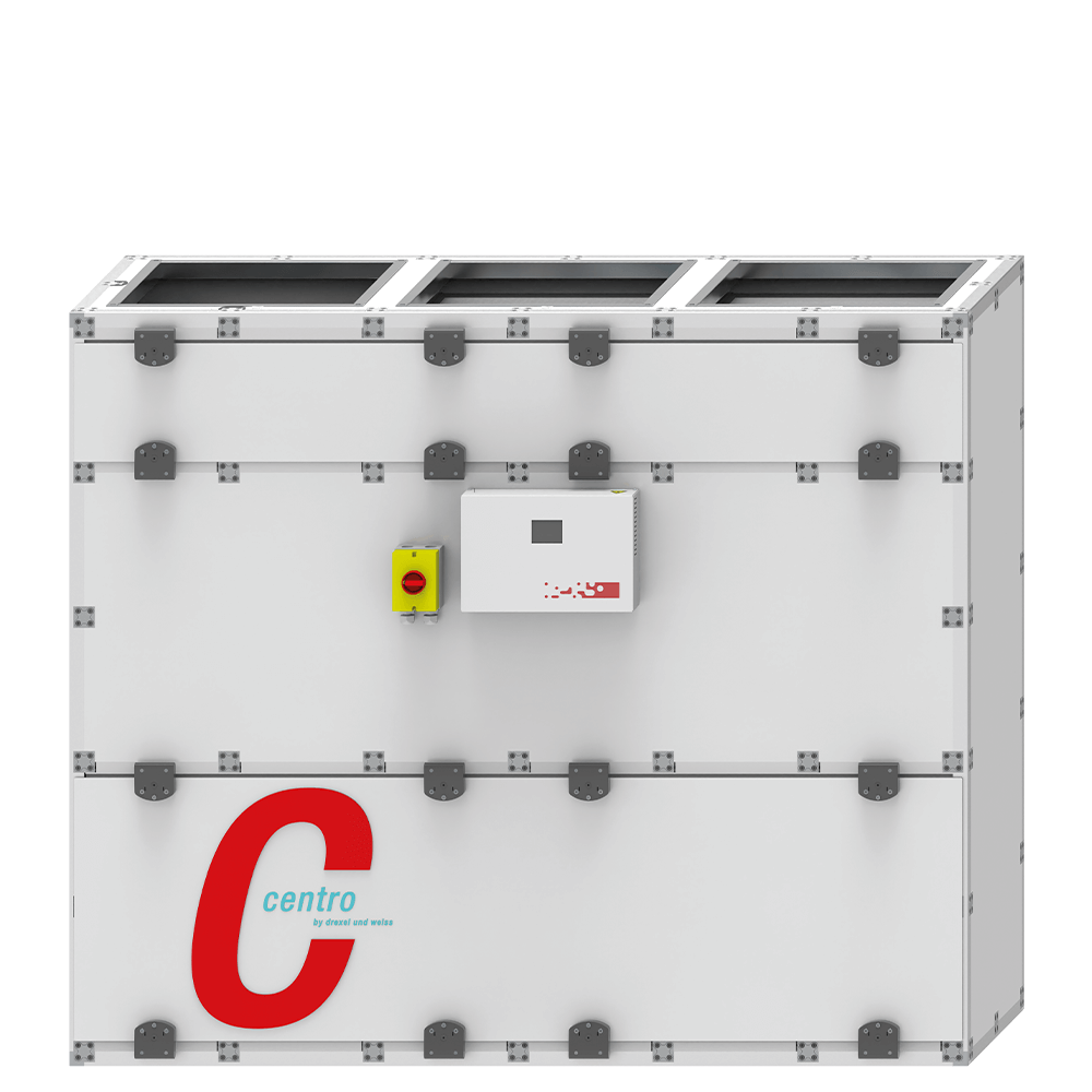 Weißes, rechteckiges Klimagerät mit rotem „C“-Logo und drei Lüftungsöffnungen oben.