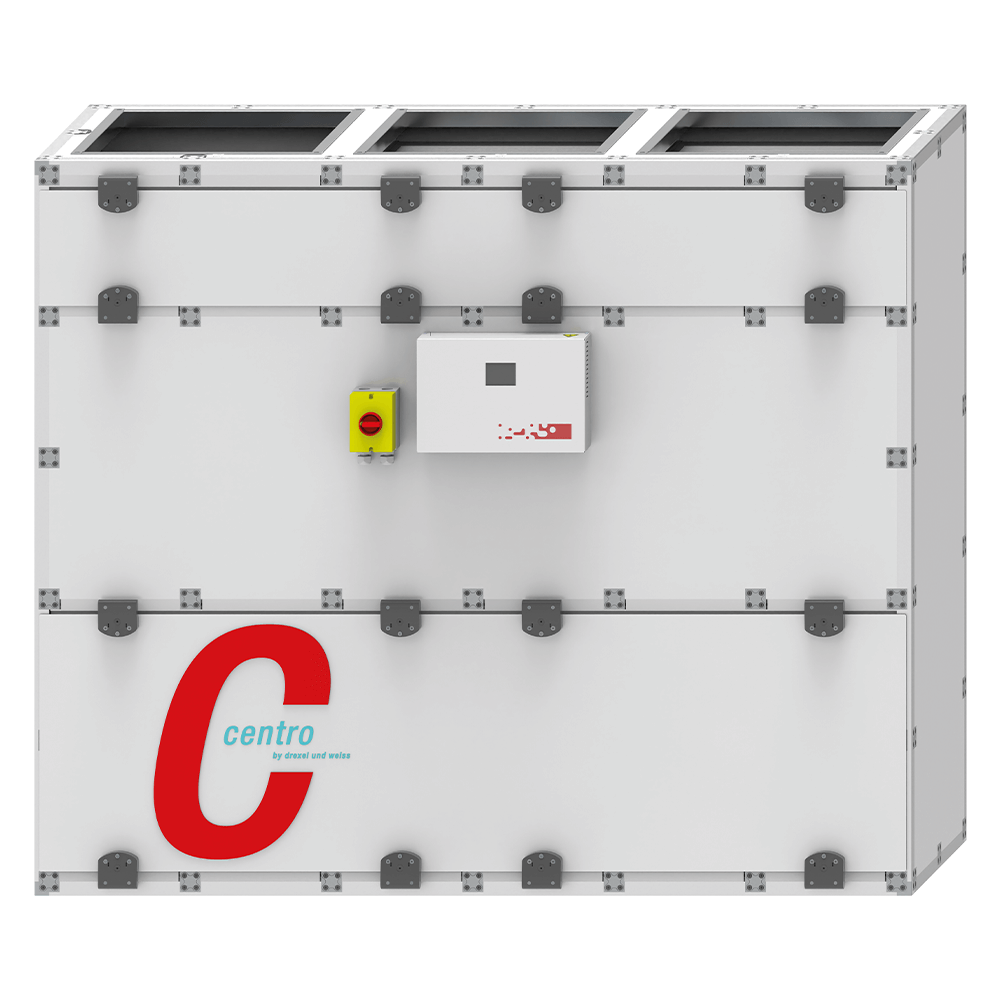 Weißes Lüftungsgerät mit großem rotem „C“-Logo und Bedienfeld.