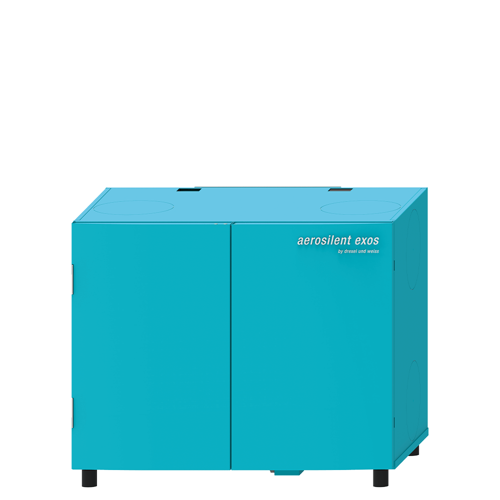 Türkisfarbener Amadeus E202 Serverschrank mit schwarzen Füßen, auf weißem Hintergrund.