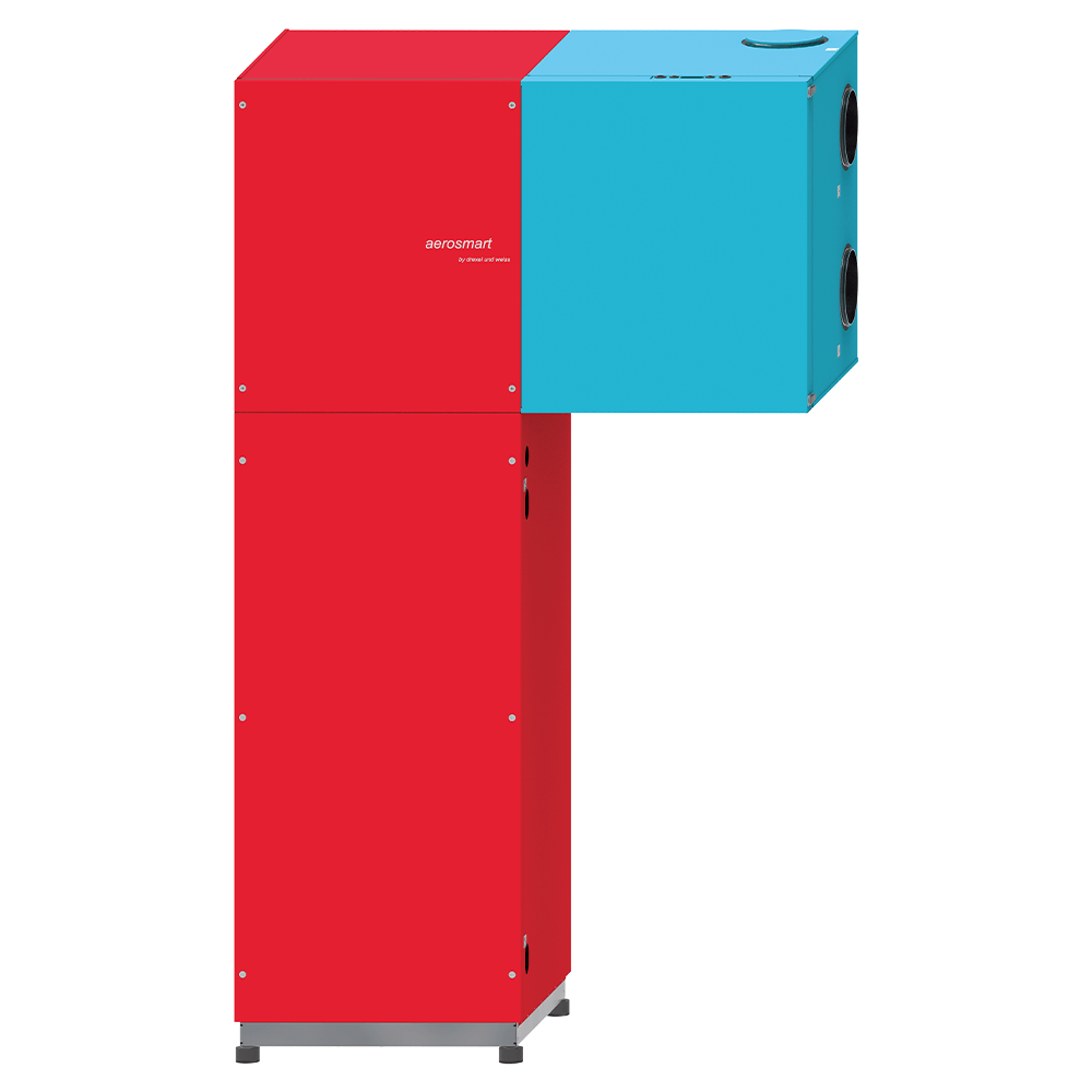 Rote und blaue Lüftungsanlage in einer Tetris-ähnlichen Anordnung.