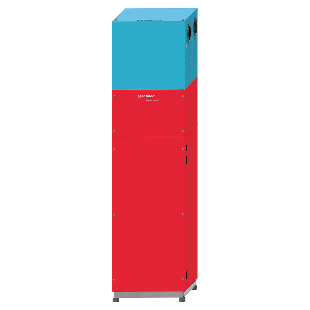 Vertikales, dreistufiges Luftreinigungssystem. Roter Sockel, rotes Mittelteil, blaue Oberseite.