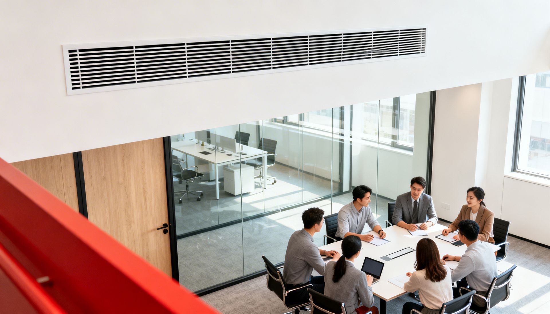 Helles Büro mit Besprechungstisch – Raumluftqualität durch bedarfsgerechte Lüftungsanlage