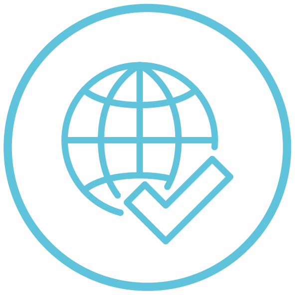 Globus-Symbol mit Häkchen in einem blauen Kreis.