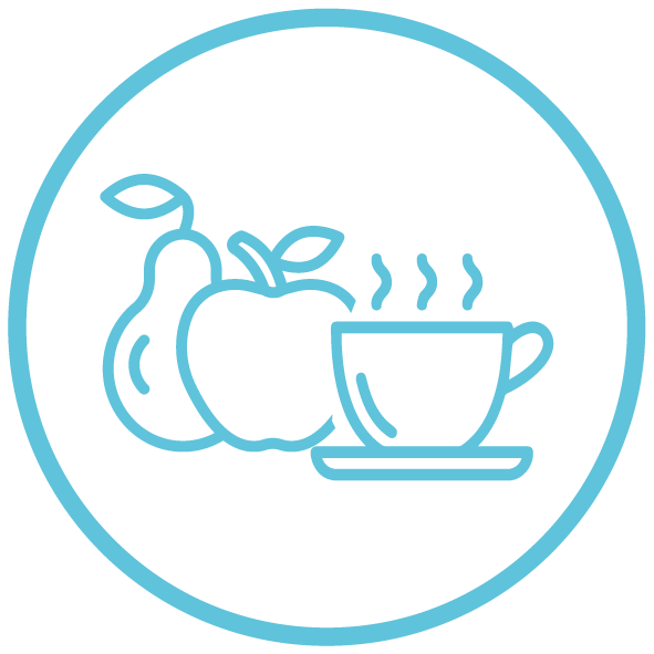 Blaue Umrisse einer Birne, eines Apfels und einer Teetasse mit aufsteigendem Dampf in einem blauen Kreis.