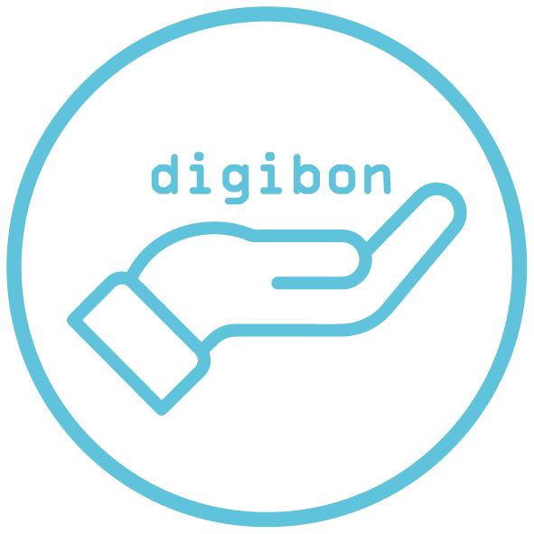 Blaues, kreisförmiges Logo mit einer darbringenden Hand und dem Schriftzug „digibon“.