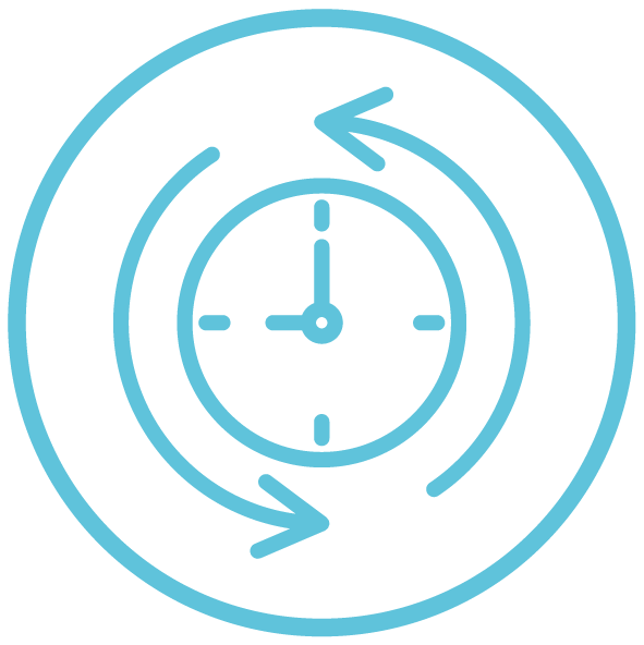 Uhr mit kreisenden Pfeilen in einem blauen Kreis, die Zeit und Erneuerung symbolisieren.