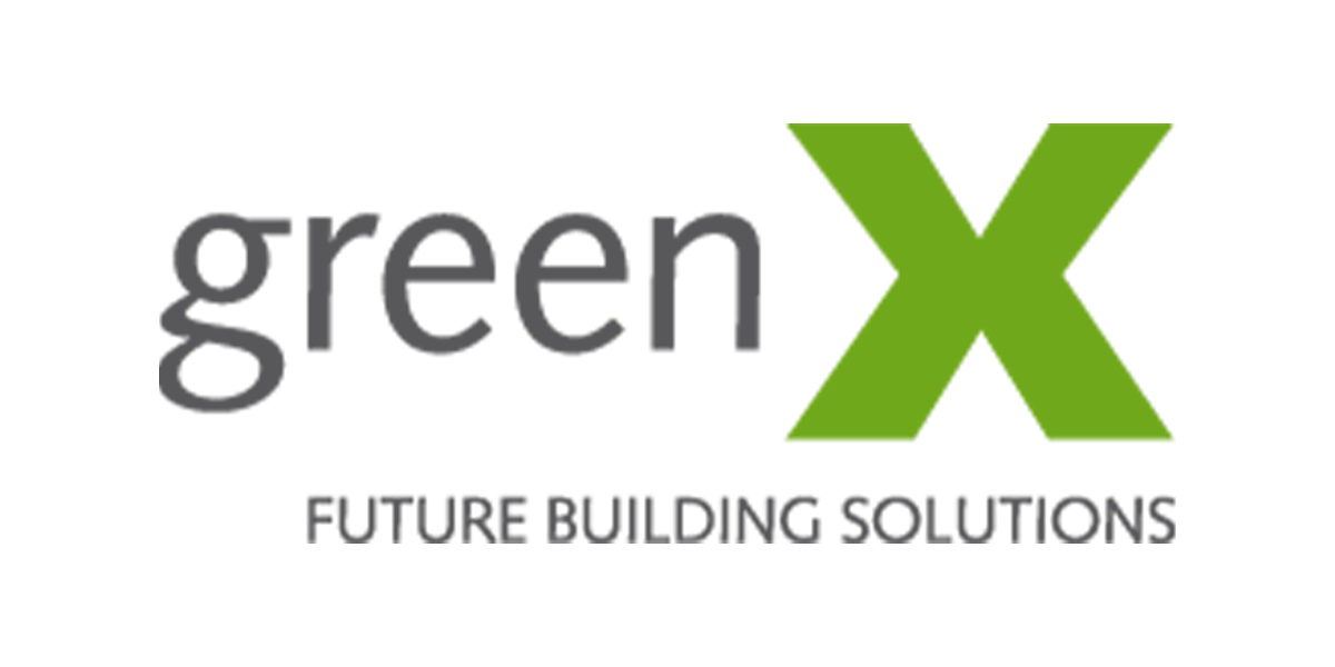 Das GreenX-Logo: „green“ in grauer Schrift, ein grünes „X“ und „FUTURE BUILDING SOLUTIONS“ in Grau.