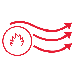 Roter Kreis mit Flammensymbol und drei gebogenen Pfeilen.