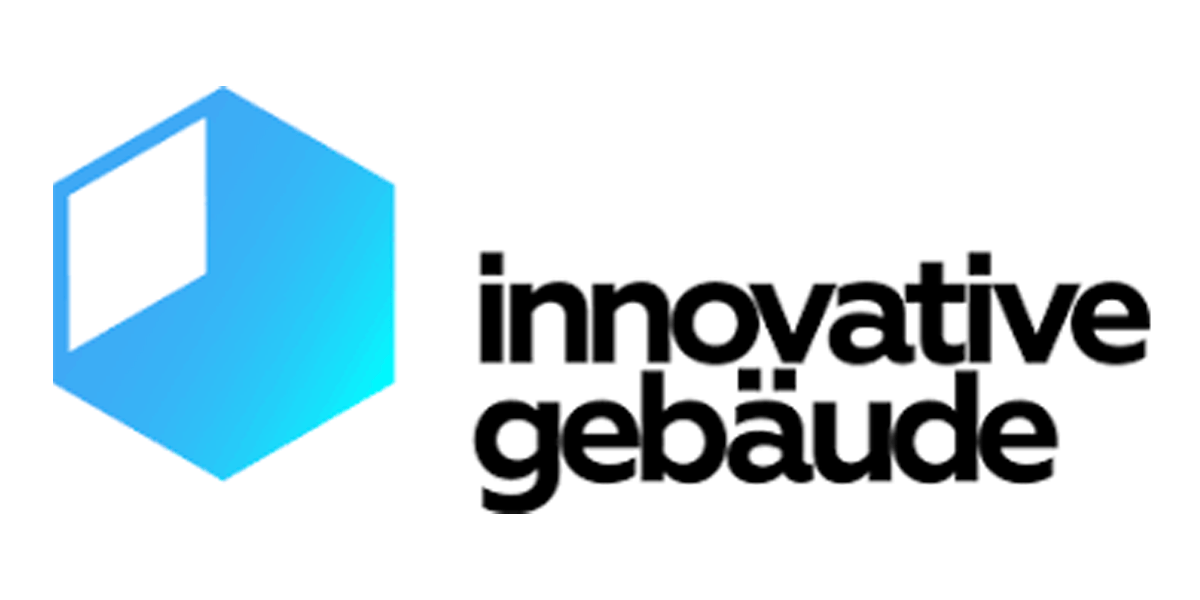Logo mit einem blauen geometrischen Würfel mit weißem Ausschnitt und dem Schriftzug „innovative Gebäude“ in Schwarz.