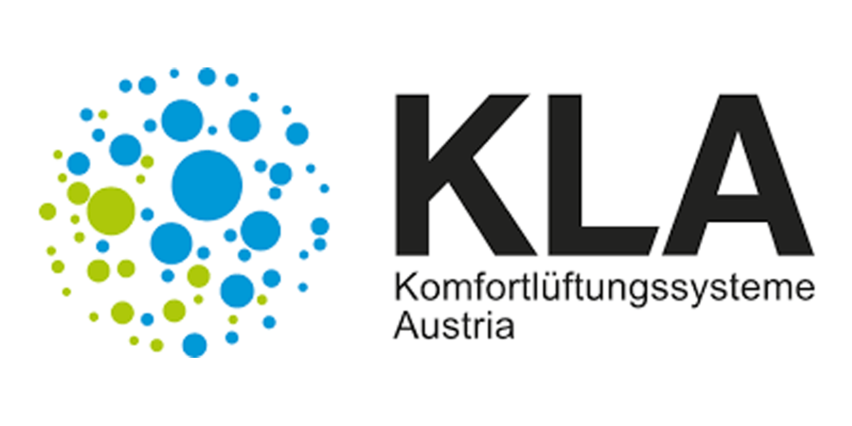 Logo von KLA Komfortlüftungssysteme Austria, mit einer Gruppe blauer und grüner Punkte links neben dem schwarzen Text.