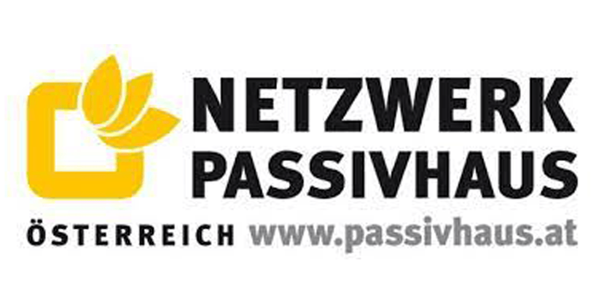 Logo for Netzwerk Passivhaus Österreich (Austria). Features a yellow square and leaf design.