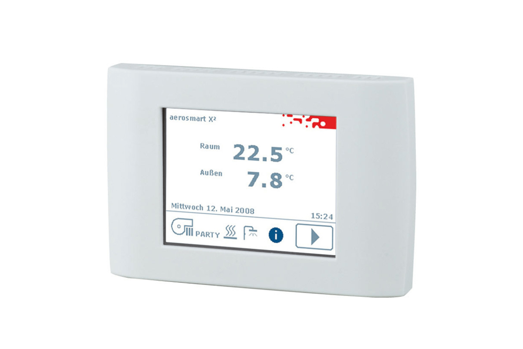 Weißer Thermostat mit Digitalanzeige, die eine Raumtemperatur von 22,5 °C und eine Zieltemperatur von 7,8 °C anzeigt.