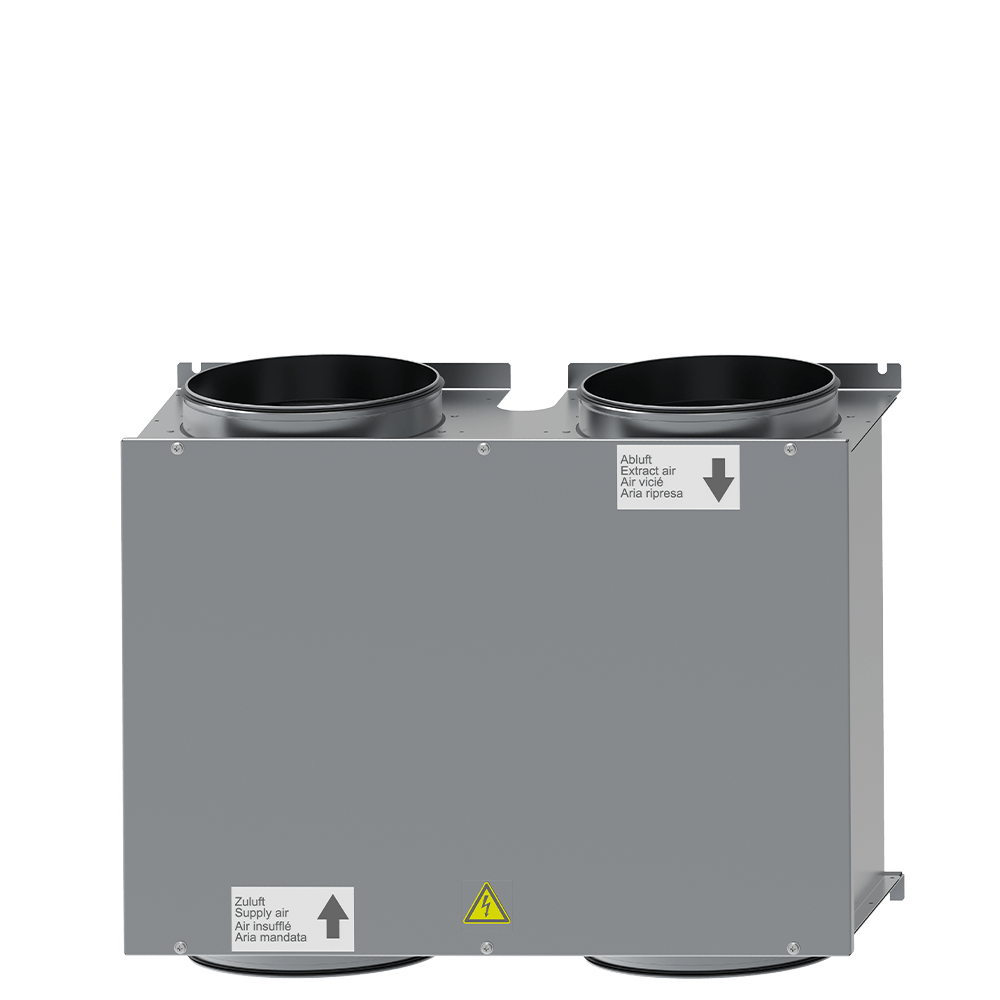 Graues elektrisches Bauteil mit zwei runden Öffnungen an der Oberseite und Warnhinweisen.