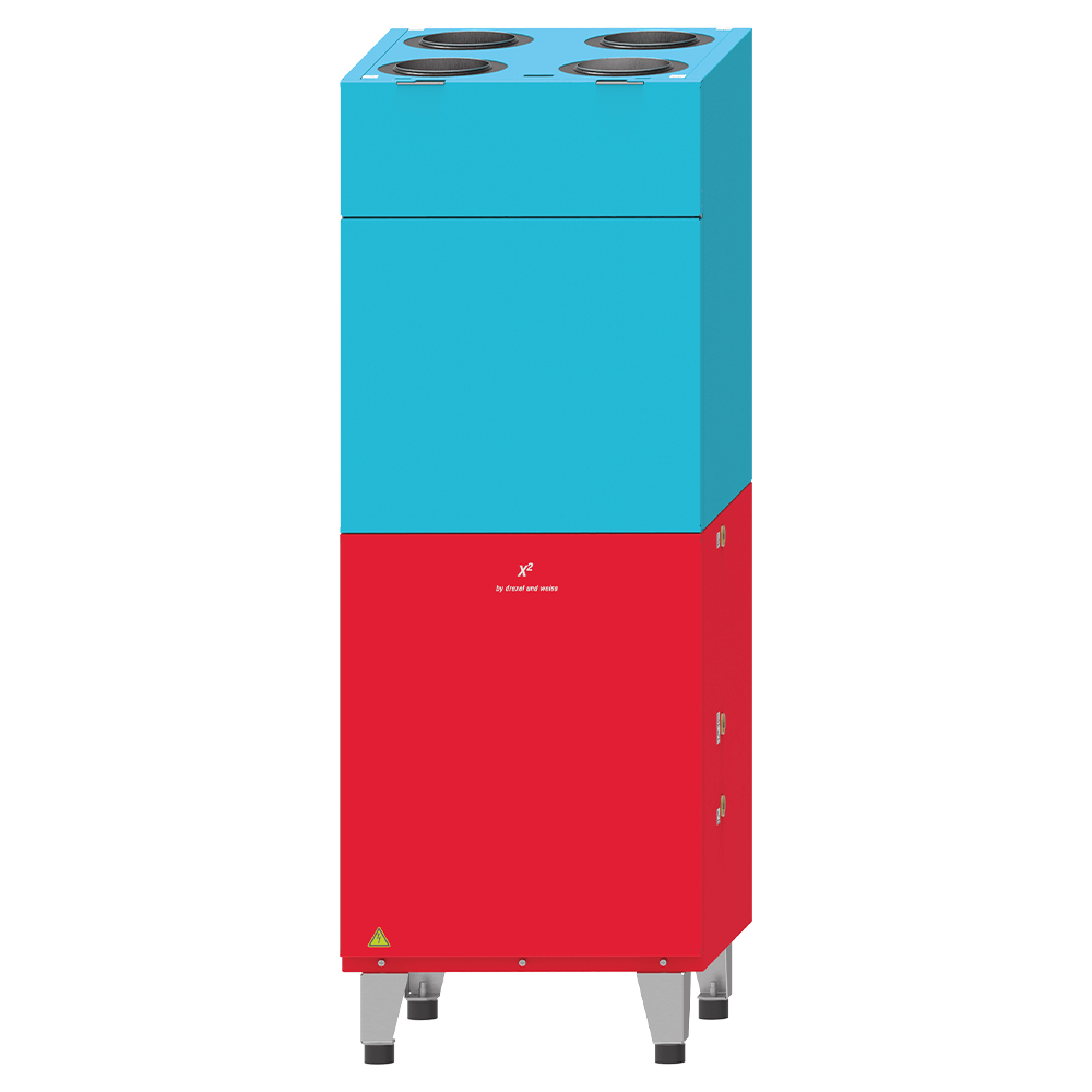 Hohe, zweifarbige Industrieanlage: roter unterer Teil, blauer oberer Teil mit vier Ventilatoren, auf Metallbeinen.