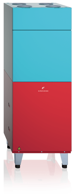 Eine hohe, zweifarbige Maschine, oben blau und unten rot, mit vier kleinen Lüftungsschlitzen oben und an den Beinen.