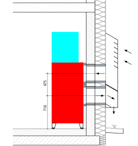 Schema eines roten Haushaltsgeräts mit Maßangaben, das in einer Wand mit Lüftungsschlitzen eingebaut ist.