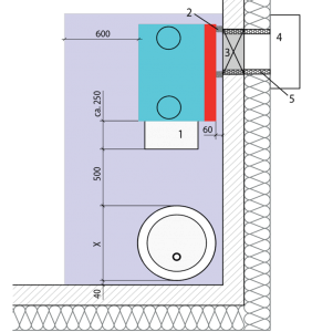Grundriss des Badezimmers mit Toilette, Waschbecken und Wandschrank, blau-weißes Farbschema, Maße angegeben.