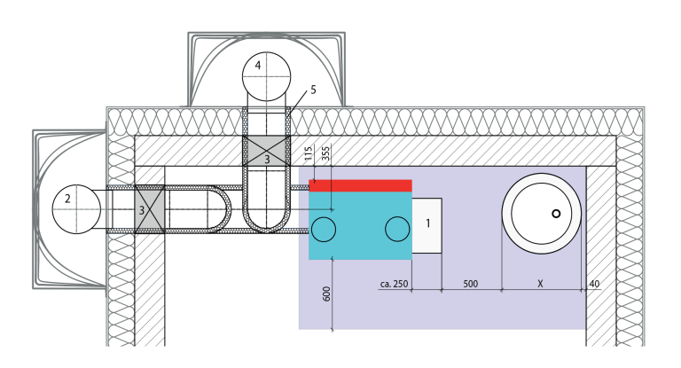 Schema eines Systems mit Tanks und Rohrleitungen; wichtige Elemente sind blau, rot und grau hervorgehoben.